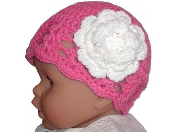 Baby Girls Hat In Hot Pink With A White Flower