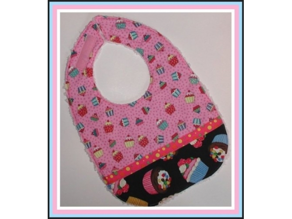 Pink And Black Girls Bib With Cupcakes
