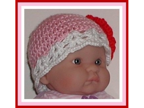 Pink and white hat for newborn girls with red rose