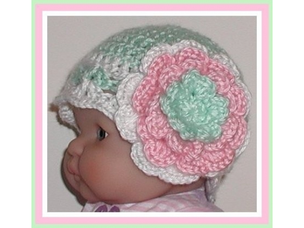 Mint green white pink baby hat
