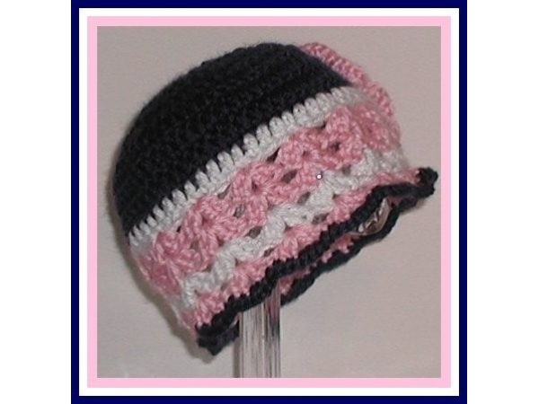 Navy blue white stripes baby girls hat pink flower