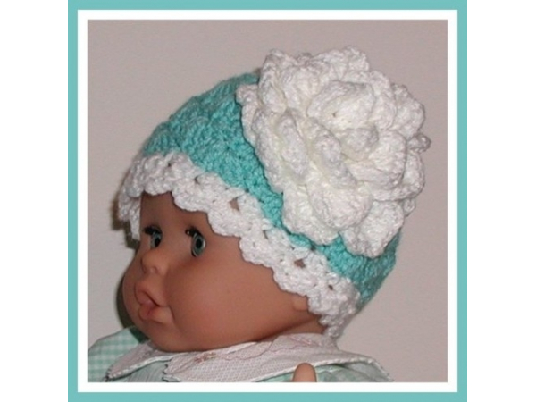 Aqua blue and white baby girls hat with flower