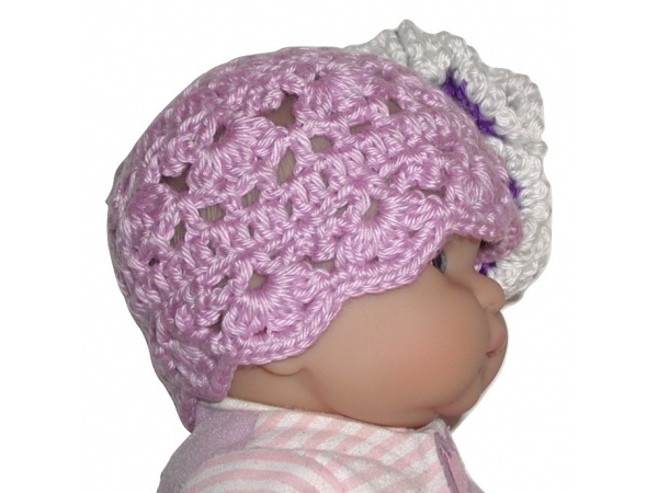 Lavender baby hat for girls with purple and white flower