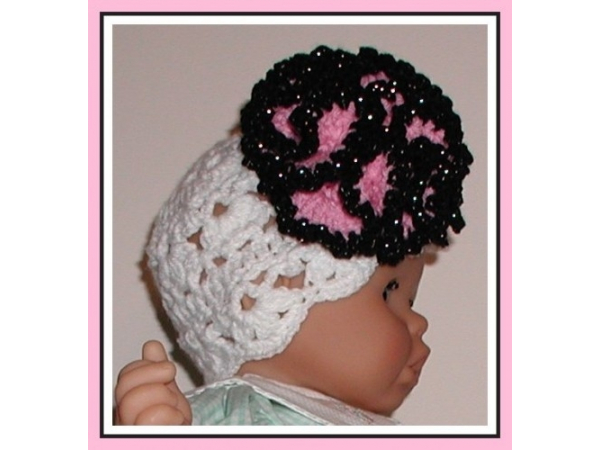 White lace baby girl hat big pink and black fascinator flower