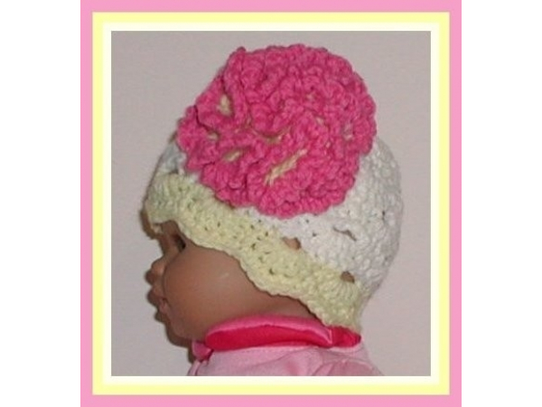 Preemie girl hat cream and yellow with pink flower