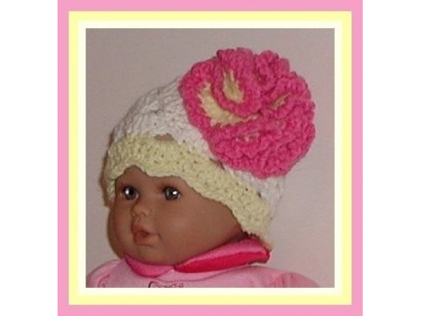 Cream and pink flower preemie girl hat