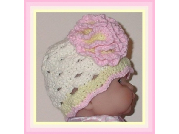 cream hat for baby girl with pink and yellow flower
