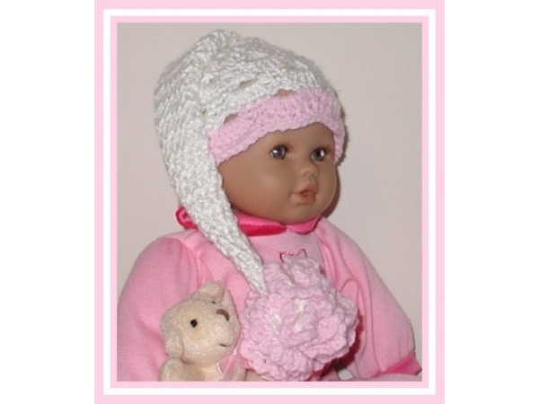white elf hat for newborn girls with pink and white flower