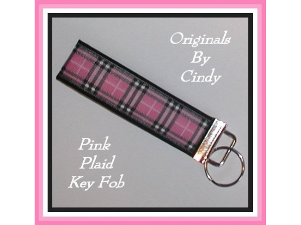 Pink and black plaid key fob