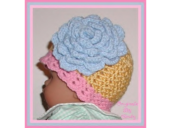 extra large blue flower on yellow and pink baby girl hat