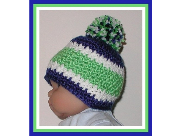 blue green white striped baby beanie