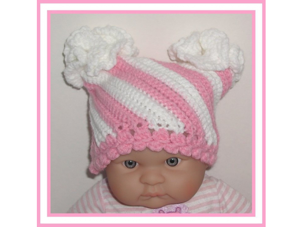 pink and white taffy stripes baby girls hat with flowers
