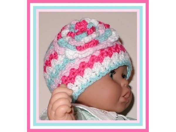 aqua blue and white hat for baby girl with hot pink flower
