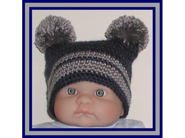 gray and dark blue hat for baby boys with pom poms