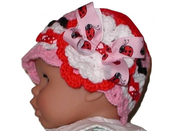 pink red white baby girls hat with ladybugs