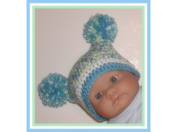 blue mint green white hat for baby boys with pom poms