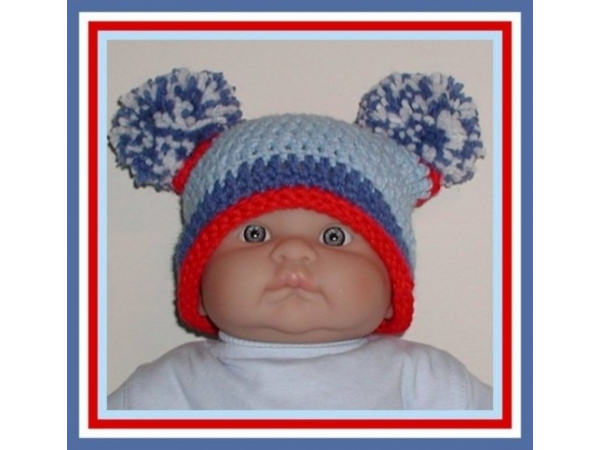 blue and red baby boy hat with pom poms