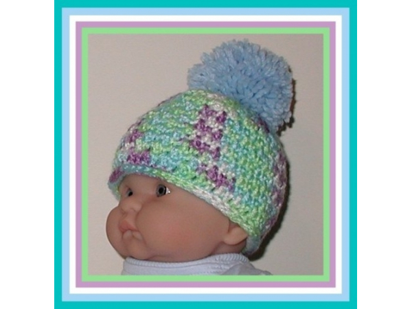 purple aqua blue green baby boys hat with a pom pom