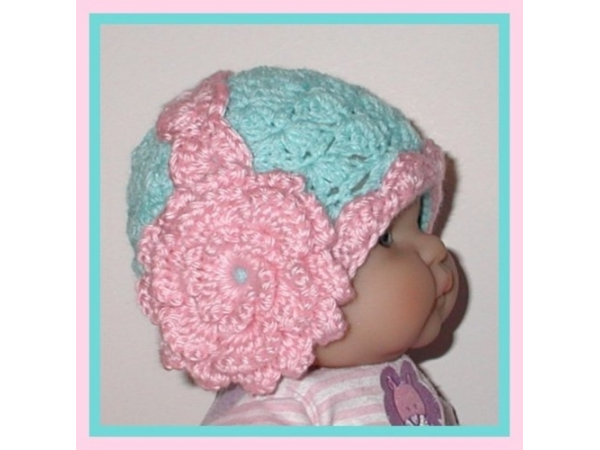 aqua blue hat for baby girls with pink ear muff flowers