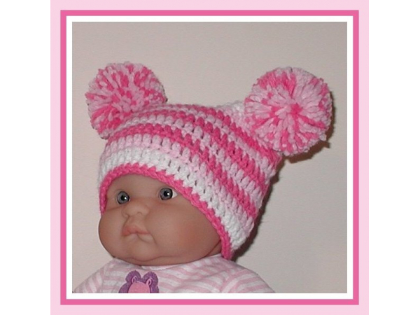 hot pink stripes hat for baby girl with pom poms