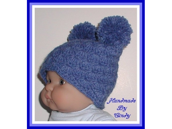 denim blue baby boy hat with pom poms