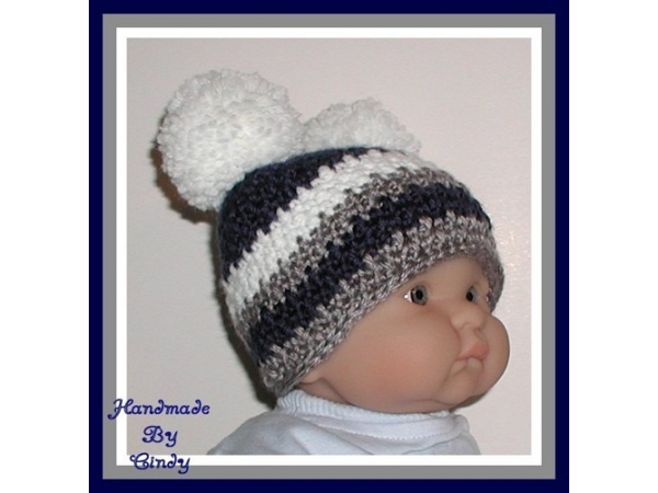 Navy Gray Beanie White Baby Boys Hat Pom Poms Pompoms Stripes Striped Originals By Cindy