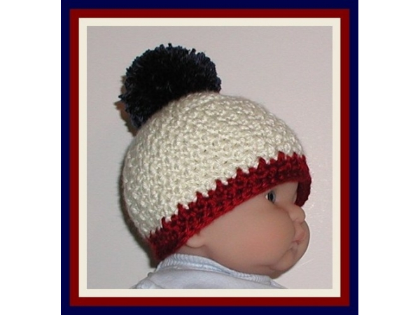 cream and burgundy hat for baby boys with navy blue pom pom