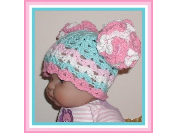 pink and white mums aqua blue baby girls hat
