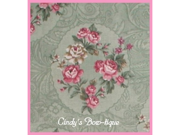 shabby sage green fabric with pink red cameo rose