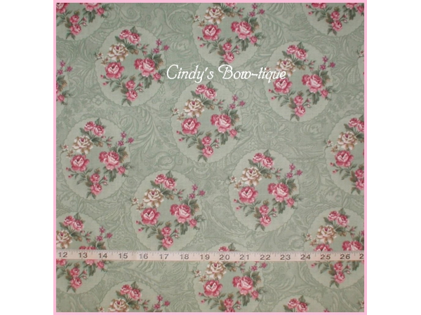 sage green fabric with pink cameo roses