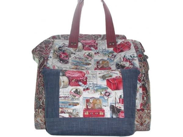 carpet bags with vintage travel airplanes cars ship