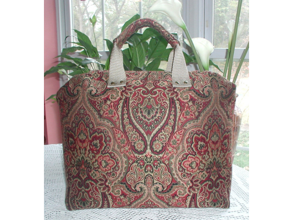 Burgundy and olive green carpet bag