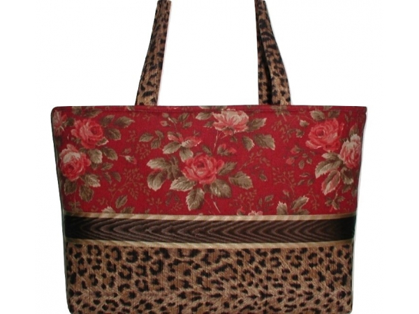 Burgundy Roses Brown Leopard Large Purse