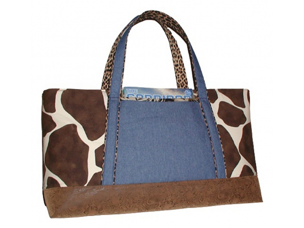 Brown Cream Denim Carpet Bag With Outside Extra Large Pockets
