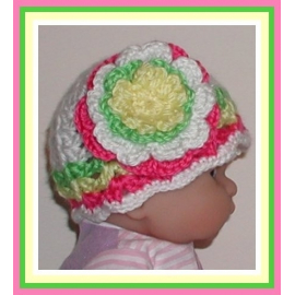 White newborn girls hat with hot pink and lime green