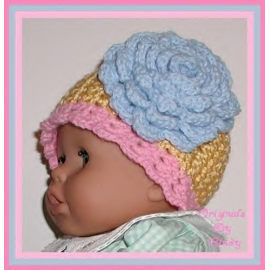 yellow and pink hat for baby girls with extra large blue flower