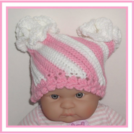 pink and white taffy stripes baby girls hat with flowers