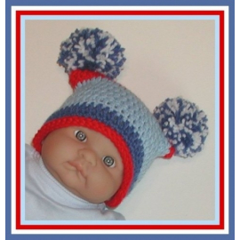 blue and red hat with pom poms for newborn baby boys