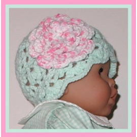 mint green lace hat for baby girl with large pink flower