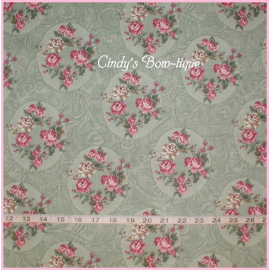 sage green fabric with pink cameo roses