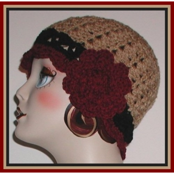 Cloche In Tan Black Cranberry Red Hat With Large Flower, Tan Hat With Flower