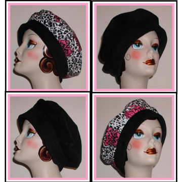 Reversible Beret Snow Leopard Hat Black Fleur de lis Hot Pink White