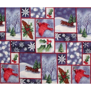 Cardinals Fabric Christmas Flannel Red Birds Cardinal Sleigh Blue Pine Trees