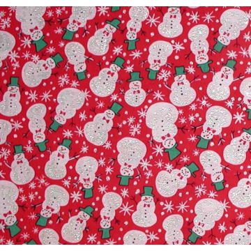 Glitter Snowman Fabric Red Background Silver Glittered Green Hats Snow