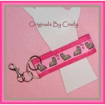 Yorkie Bracelet Wristlet Key Chain Bright Pink Hearts And Yorkies Puppy Dogs