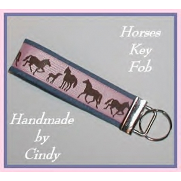 Pink Horses Key Chain Horse Ring Fob Pink Denim Brown Tan Chambray Blue