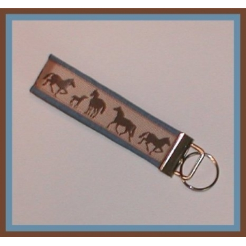 Western Key Chain Horses Brown Colts Chambray Blue Denim Fob Ring