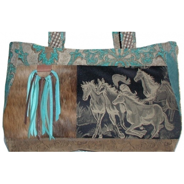 Leather Western Bag, Turquoise Leather Bag, Brown Cowhide Hair On Western Bag