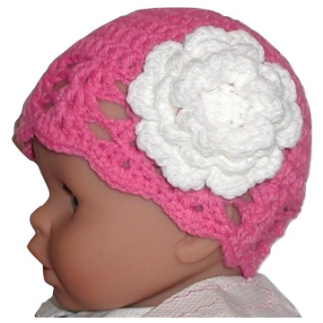 Hot Pink Baby Hat With White Flower, Baby Girls Hat In Hot Pink And White Flower