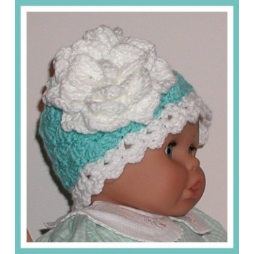 Aqua And White Baby Girls Hat, Light Turquoise And White Flower Baby Girls Hat
